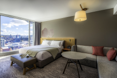 Guest room with harbour and city views at Crowne Plaza Hobart.
